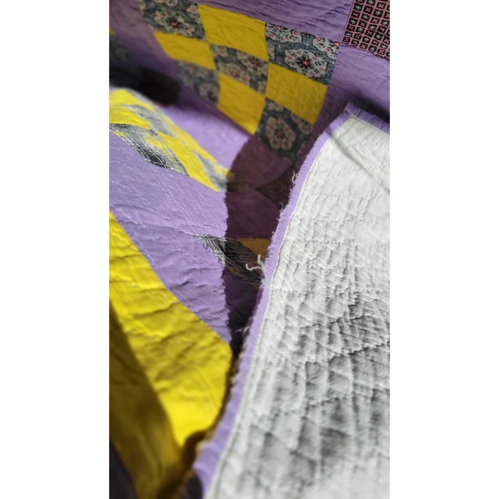 Handmade Nine Patch Quilt Purple Yellow Full Queen Cottage Farmhouse 86 x 74‎